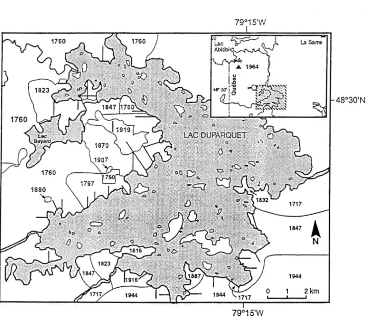 Figure  2.1  Carte du  Lac Duparquet montrant les transects (en ligne épaisse) et les  différentes aires de feu