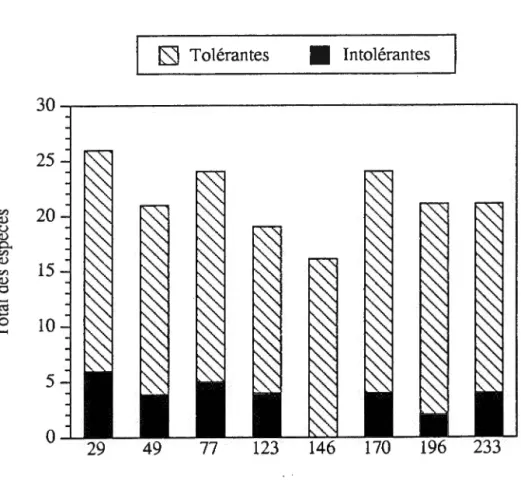 Figure 2.5.  Nombre  total  d'espèces  herbacées  et arbustives  tolérantes  et  intolérantes  à  l'ombre  échantillonnées  en  serre  en fonction  du  temps écoulé depuis le dernier feu