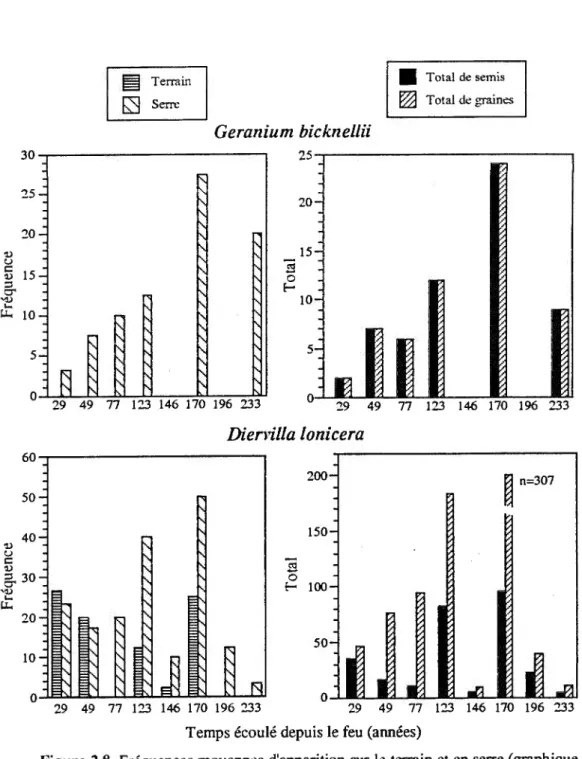 Figure 2.8.  Fréquences moyennes d'apparition sur le terrain et en  serre (graphique  de  gauche)  ainsi  que  le  nombre  total  de  semis  et  de graines (graphique de droite)  pour  Geranium biclazellii  et  Diervilla lonicera  en fonction du  temps éco