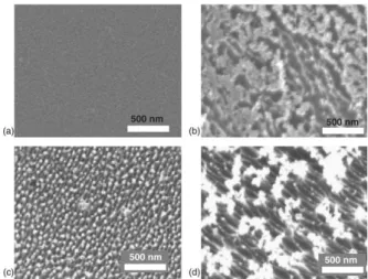 Figure 4: SEM images of the PET surfaces treated with oxygen plasma at various powers: (a)  un-treated, (b) 50 W, (c) 100 W and (d) 200 W