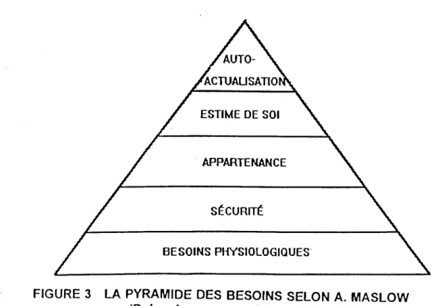 FIGURE  3  LA PYRAMIDE  DES  BESOINS  SELON  A.  MASLOW  (Dotan,  Lamoureux,  1990  :  65) 