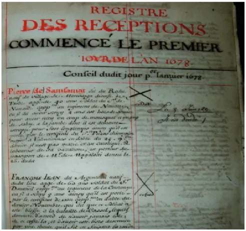 Figure 1. Registre d’admission à l’Hôtel royal des Invalides, SHD-DAT, sous série Xy,  2 Xy 8 (1 er  janvier 1678-28 décembre 1680).