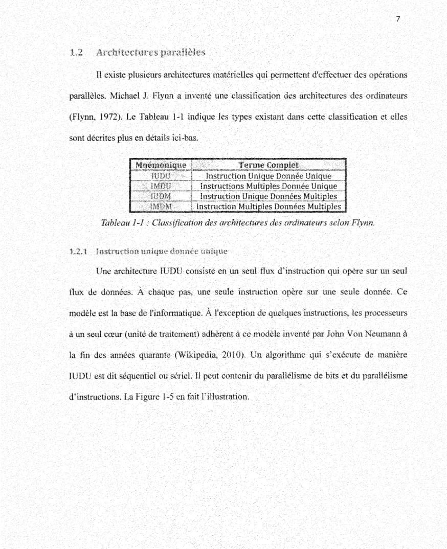 Tableau l-l : Classification des architectures des ordinateurs selon Flynn.