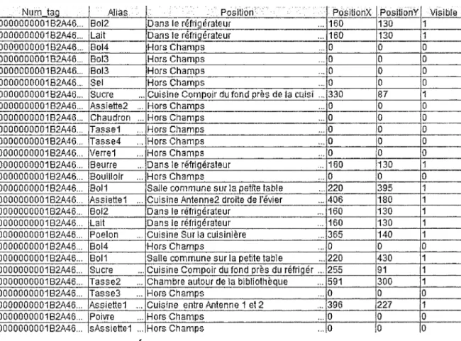 Tableau 6 : Positions des capteurs dans le LIARA