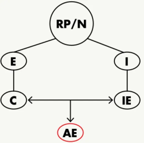 Figure  4 : Construction relationnelle des attributs esthétiques (1790). RP/N = Raison pure  (logique d’identité) ; E = Entendement ; I = Imagination ; C = Concepts rationnels ; IE = Idées  Esthétiques ; AE = Attributs Esthétiques
