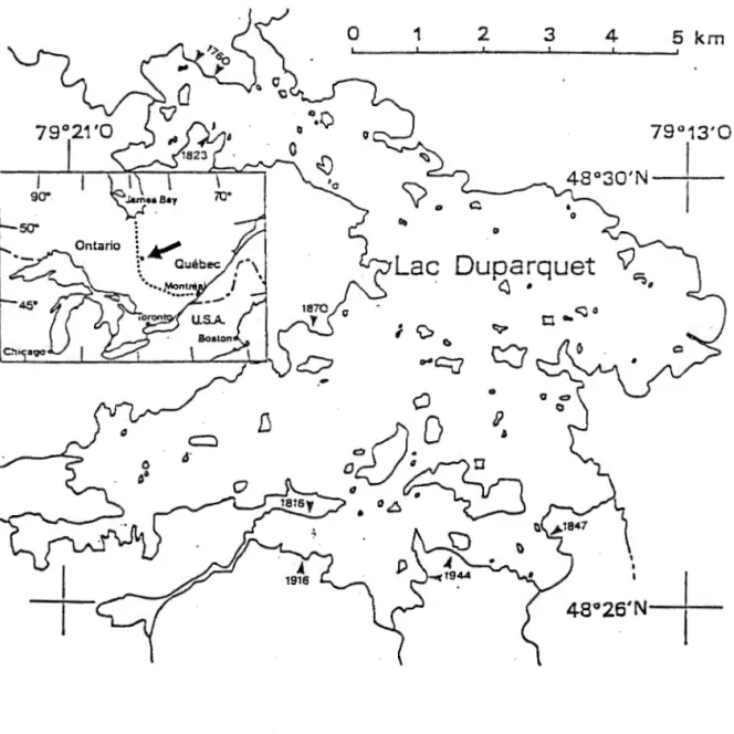 Figure  1  Localisation  des  sites  d'échantillonnage  sur  les  berges  du  lac  Duparquet