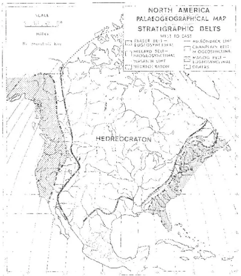 Figure 8. Bien antérieurement à  Dietz, la quasi prophétique vision  de  Marshall Kay  (1947)  du continent  ou  craton  américain  et  de  ses  franges  géosynclinales  au  Paléozoïque :