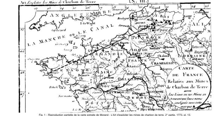 Fig. 1 - Reproduction partielle de la carte extraite de Morand : L'Art d'exploiter les mines de charbon de terre, 2° partie, 1773, pl