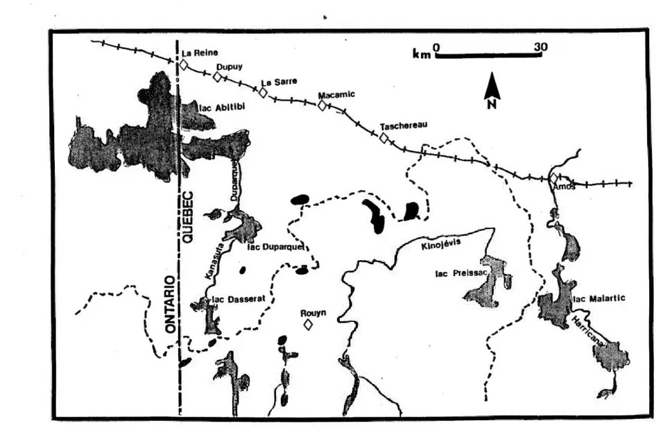 Figure 2:  Le tracé de la ligne de partage des eaux (trait discontinu) dans la région de l'Abitibi