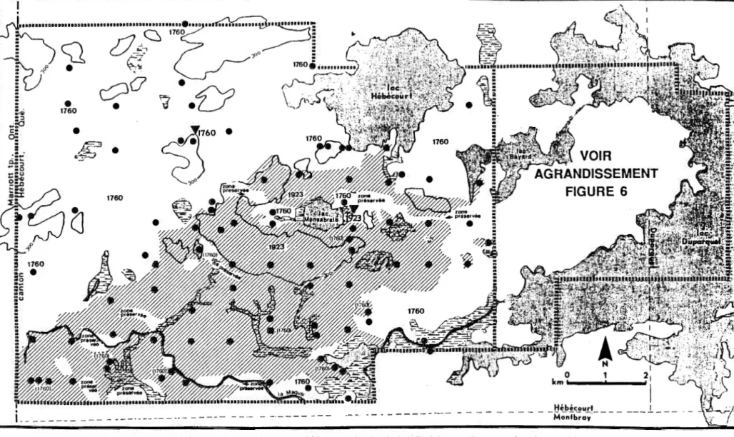 Figure 5.  Les superficies incendiées lors du feu de 1923 (zones hachurées) délimitées par l'examen des photos aériennes datant de  1926 et  par la détermination  de  l'âge des  forêts  apparues  après-feu