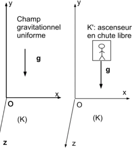 Fig. 3.2: Relativité du champ gravitationnel (le champ gravitationnel s'annule localement dans l'ascenseur en chute libre)