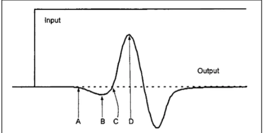 Figure 1.8 Arrivée de la première onde S typique avec l’effet de champ proche  (A) première déflexion, (B) maximum de la déflexion, (C) retour à zéro après la 
