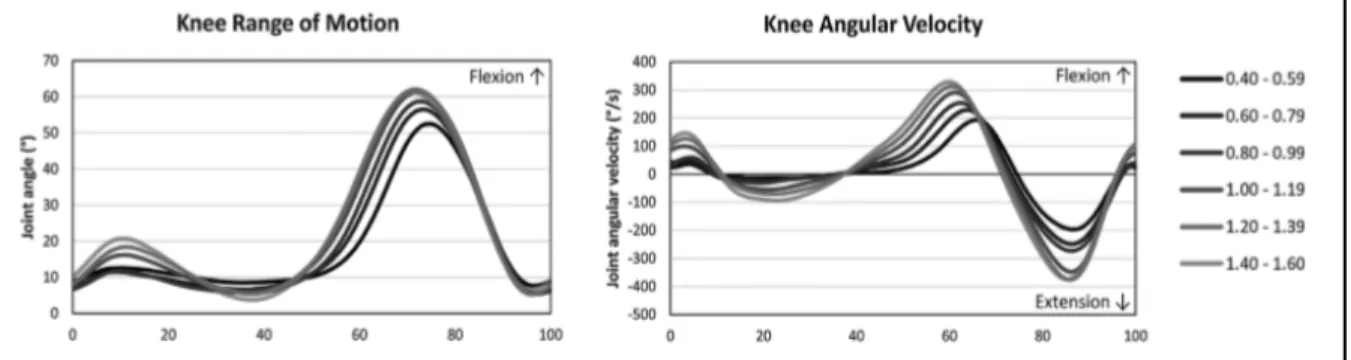 Figure 1.10 Angle et vitesse angulaire du genou dans le plan sagittal à différentes vitesses de  marche  