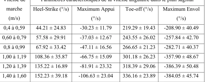 Tableau 1.3 Résultats de la vitesse angulaire du genou selon la vitesse de marche   Tiré et adapté de Mentiplay et al