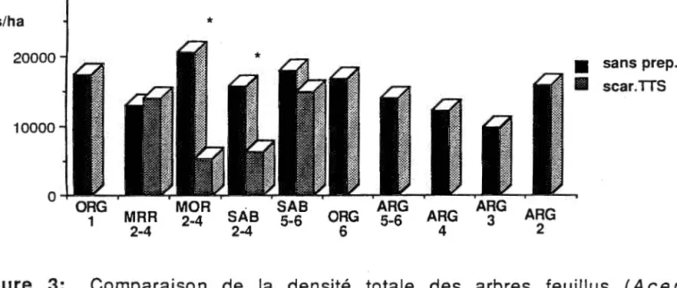 Figure  4:  Comparaison  de  la  densité  de  l'érable  à  épis  (Acer  spicatum ),  sans  préparation  et  après  scarifiage  TTS  pour  les  quatre  regroupements  de  types  écologiques  traités  (MAR  2-4,  MOR  2-4,  SAS  2-4  et  SAS  5-6)