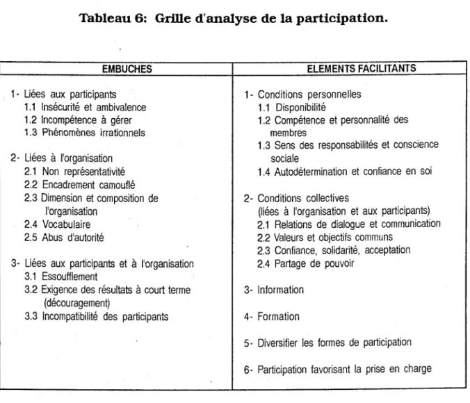 Tableau 6:  Grille d'analyse de la participation. 