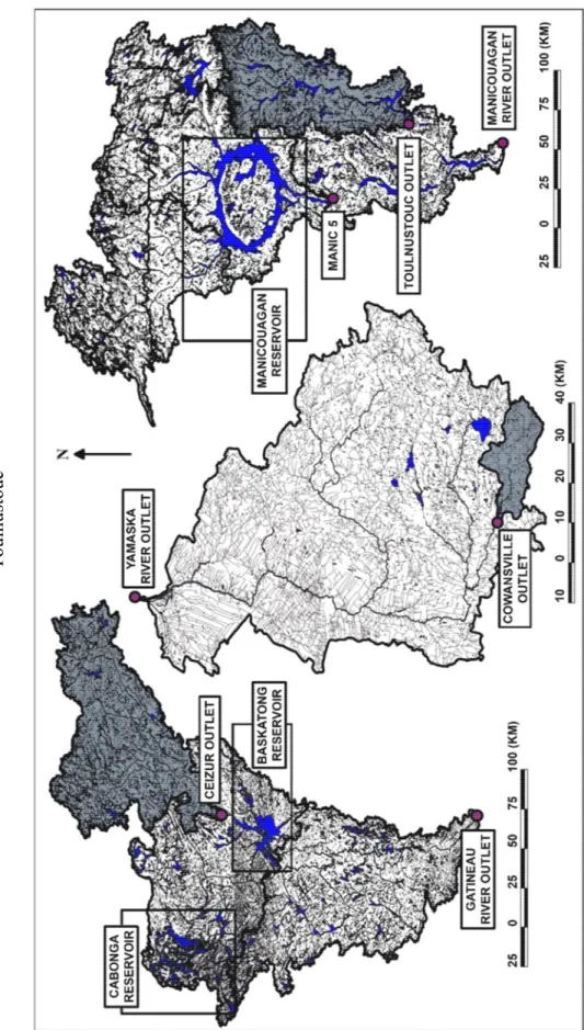 Figure 4.1.Drainage maps of the three River basins with the studied watersheds (gray area): Ceizur, Cowansville and  Toulnustouc 