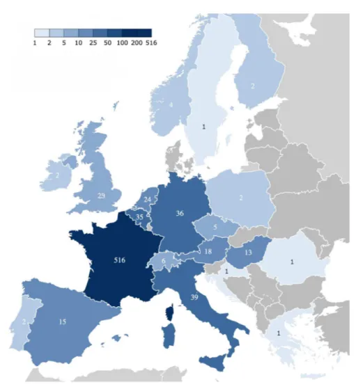 Figure 2.9 – Cartographie des provenances européennes des lettres reçues par d’Ocagne