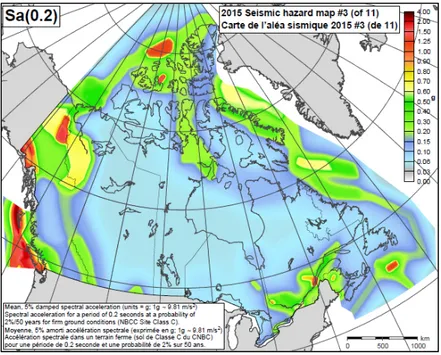 Figure 1.1 Carte de l'aléa sismique 2015  Tirée de RNC; Ressources Naturelles Canada (2018b) 