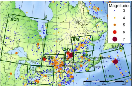 Figure 1.2 Localisation des zones de sismicité au Québec  Adaptée de RNC; Ressources Naturelles Canada (2018a) 