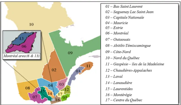 Figure 2.3   Repartition of Quebec provinces into regions 