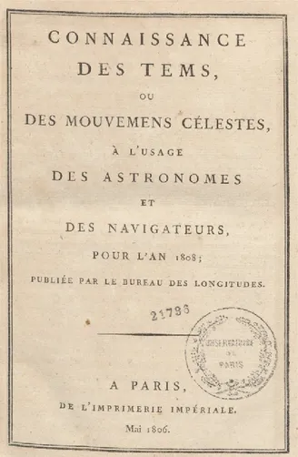 Figure 1 - Connaissance des temps pour 1808 (Source : gallica.bnf.fr / Observatoire de Paris) 