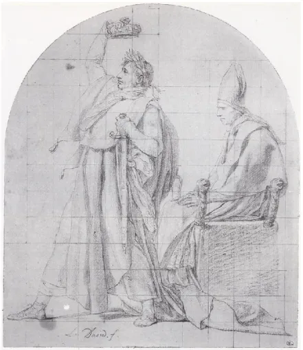 Figure 1 - Jacques-Louis David : L’Empereur Napoleon se couronnant lui-même (le pape Pie VII se tient en arrière plan) - Crayon  noir, sur papier beige (Source : Paris, musée du Louvre, département des arts graphiques - inv