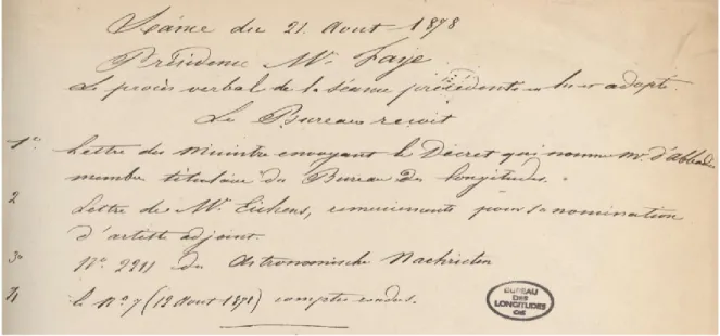Figure 1 - Nomination d'Antoine d'Abbadie au Bureau des longitudes (Procès-verbal de la séance du 21 août 1878) 
