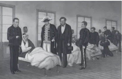 Figure 2 : Visite de l’empereur Meiji (1852-1912)   à l’Hôpital temporaire de l’armée à Osaka   lors de la guerre civile du sud-ouest le 31 mars 1877