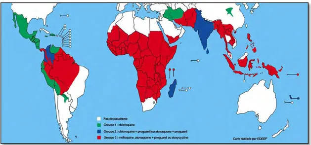 Figure 1: Grands foyers du paludisme dans le monde (Source : www.wokipi.com)  De  nombreuses  infestations  (bilharziose, filariose,  onchocercose,  fièvre  jaune) et  les  maladies diarrhéiques touchent des millions d’Africains qui utilisent des rivières 