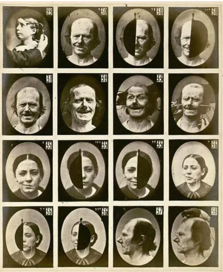 Figure  II.1 :  Photographies  d’expressions  faciales  déclenchées  par  la  stimulation  électrique  des  muscles  du  visage
