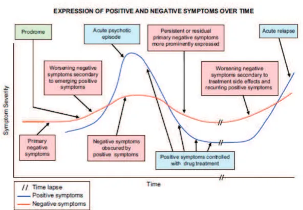 Figure  2  -  Expression  des  symptômes  négatifs  et  des  symptômes  positifs  au  cours  de  l’évolution de la maladie (selon Möller, 2007) 