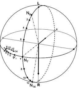 Figure 8. Locus of point P represented by the sequence 0, 2, 4, … 12, 14, with a rectilinear starting state 0 close to the slow ei- ei-genstate Y, when constant linear biresonance, Foucault circular biresonance and induced Airy circular biresonance are pre