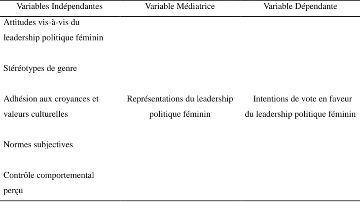 Tableau 2 : Synthèse des variables en jeu dans le modèle général de la thèse. 