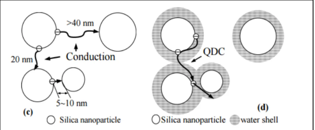 Figure 1-3: Conductive water layer surrounding nanoparticles embedded                                in a polymer matrix: (a) separate water layers (b) overlapping water shells 