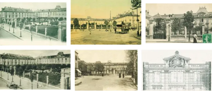 Figure  5 :  Photographies  d’époque  du  bâtiment  du  « Pavillon  de  l’horloge »  et  du  « jardin  de  l’horloge » au sein de l’ « hospice Saint-Julien » 