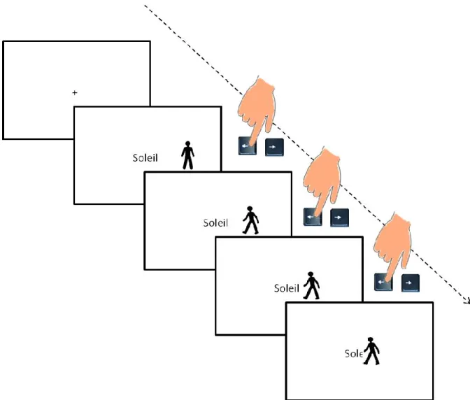 Figure  4.  Tâche  du  bonhomme  adapté  de  Krieglmeyer  et  Deutsch  (2010).  La  figure  représente  la  condition  dans  laquelle  la  consigne  indiquait  de  « déplacez  le  bonhomme  vers  le  mot  positif »  ou 