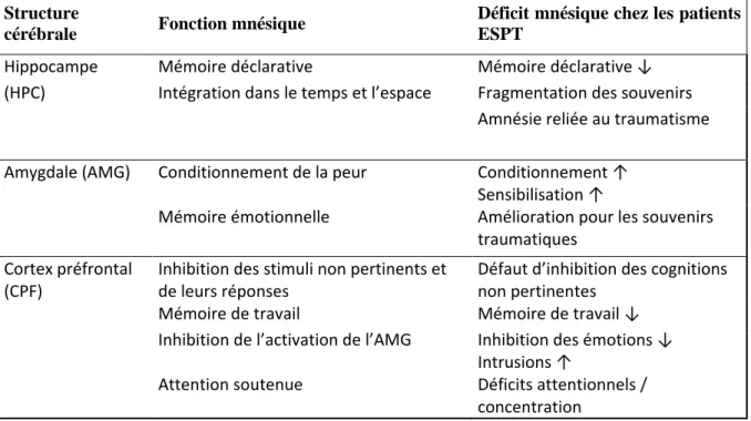 Tableau  2  :  Structures  cérébrales  principales  impliquées  dans  les  troubles  mnésiques  dans  l’ESPT