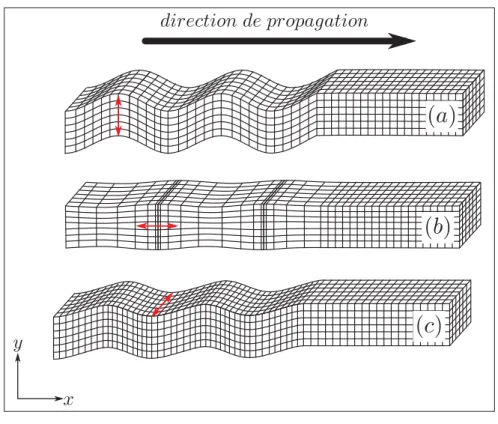 Figure 1.1 Déformées à basse fréquence des ondes de cisaillement verticales (a), de compression (b) et de cisaillement