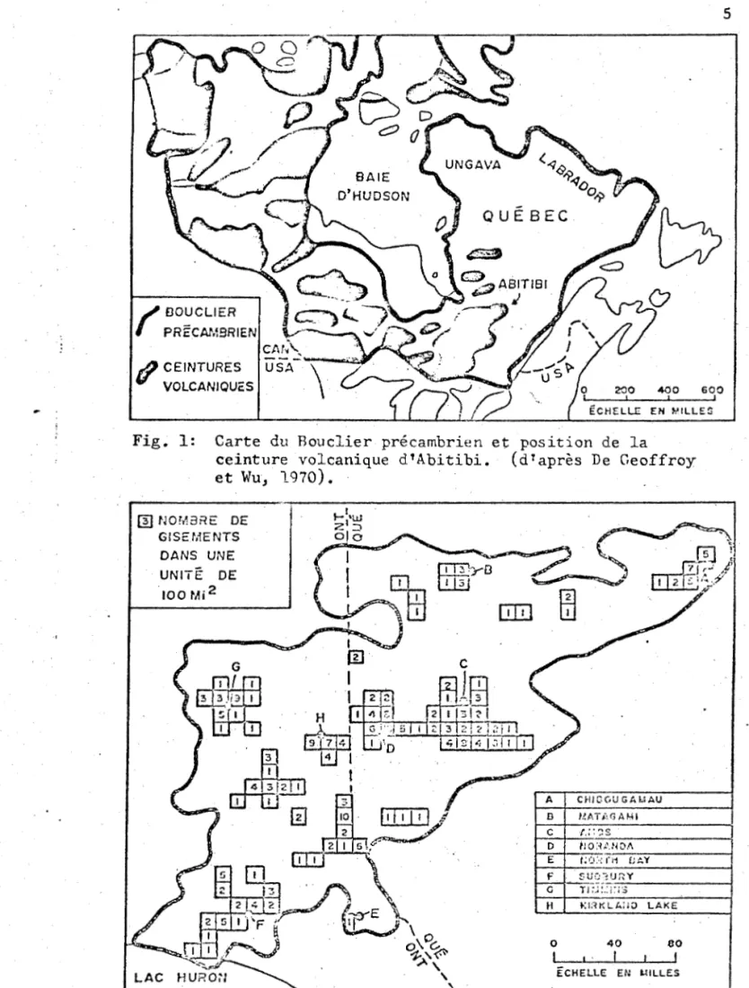 Fig.  1:  Carte  du  Bouclier  précambrien  et  position  de  la  ceinture  volcanique  d'Abitibi