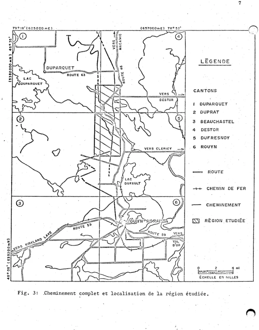 Fig.  3:  .Cheminement  complet  et  localisation  de  la  région  étudiée. 