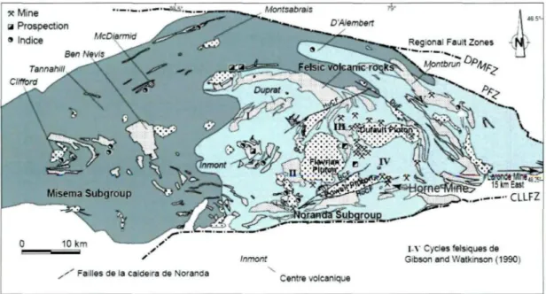 Fig. 8. Géologie du complexe de caldeiras du Blake River. La carte montre les mines et les indices retrouvés dans la région