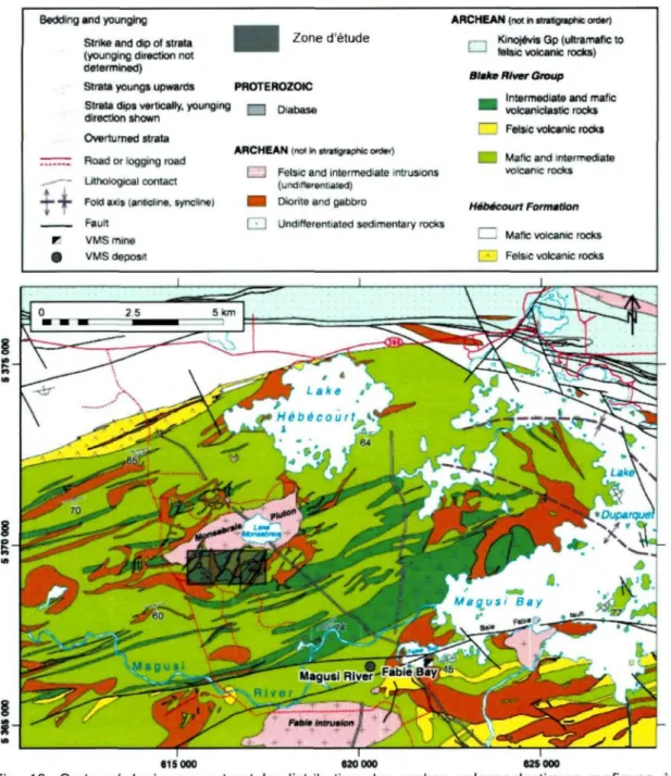 Fig. 10. Carte géologique montrant la distribution des roches volcanoclastiques mafiques à intermédiaires ainsi que les limites de la zone de recherche