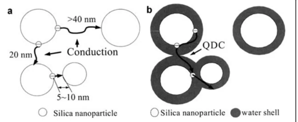 Figure 1.5 Water shell model with quasi DC (QDC) conduction  (a) no overlapping water shells (b) overlapping water shells 
