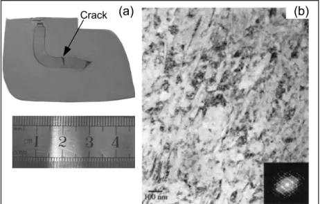 Figure 1.6 (a) Cross-section of billet [45] and (b) TEM  image of Ti-49.8 at.%Ni alloy after ECAP at room 