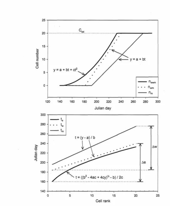 Figure 2.2. Example of the resulting functions for one case study (Ber 2004) in the fitted (n ew m, nwm and n m ) and the inversed (t e , t w  and t m ) forms