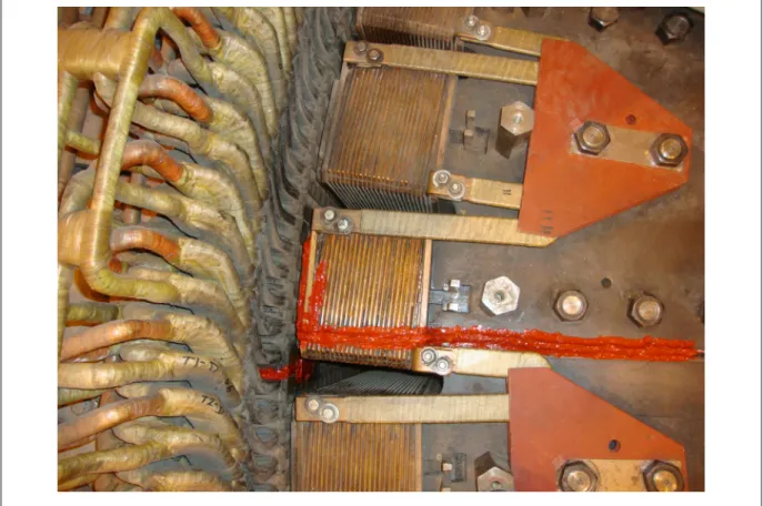 Figure 2.13 Rotor, stator, coil sensor and RTD sensor during instrumentation stage  The pulsation of the airgap flux is due to the slot openings in the airgap region