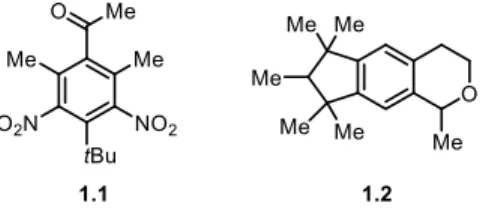 Figure 1.2. Musk ketone 1.1, a member of the nitro-musks and Galaxolide (1.2), a member of  the polycyclic musks