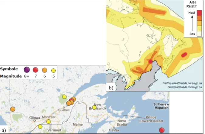 Figure 1.3  a) Séismes historiques de magnitude supérieure à 4 survenus dans   l’est du Canada, b) carte simplifiée de l'aléa sismique 2010 