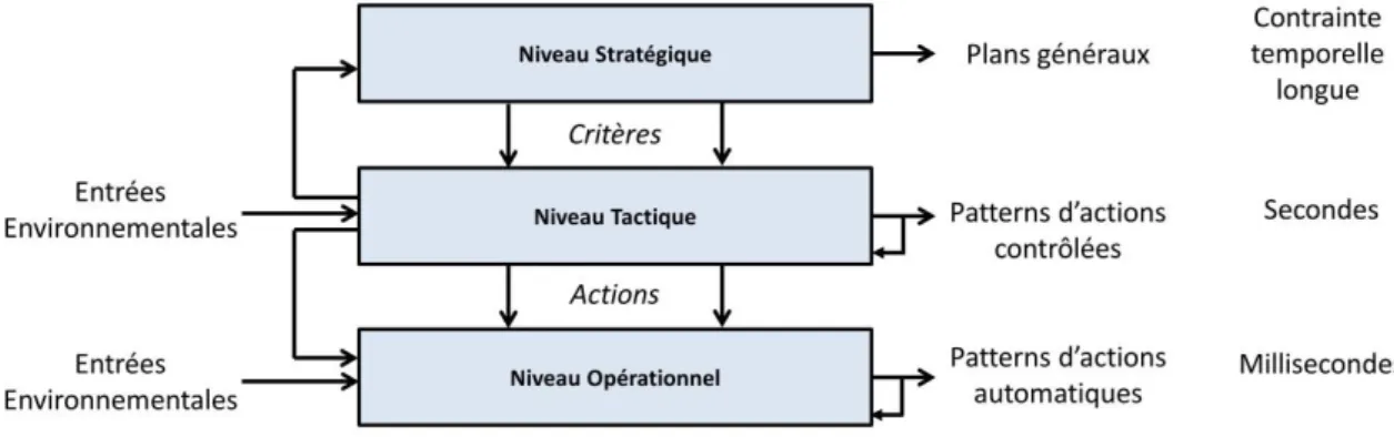 Figure A-2 : Organisation hiérarchique des niveaux de l’activité de conduite selon Michon (1985) 